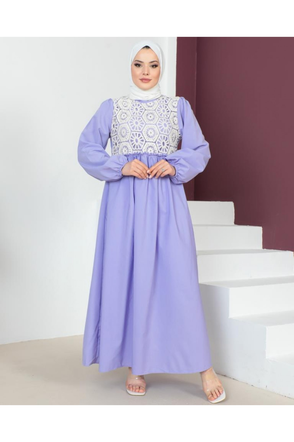 Dantel Detaylı Tesettür Elbise Lila 449 Dantel Detaylı Tesettür Elbise Lila 449