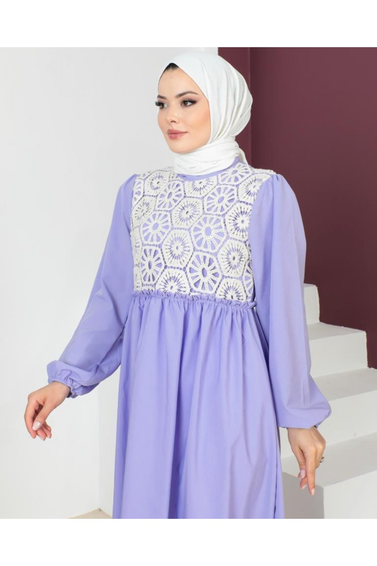Dantel Detaylı Tesettür Elbise Lila 449 Dantel Detaylı Tesettür Elbise Lila 449