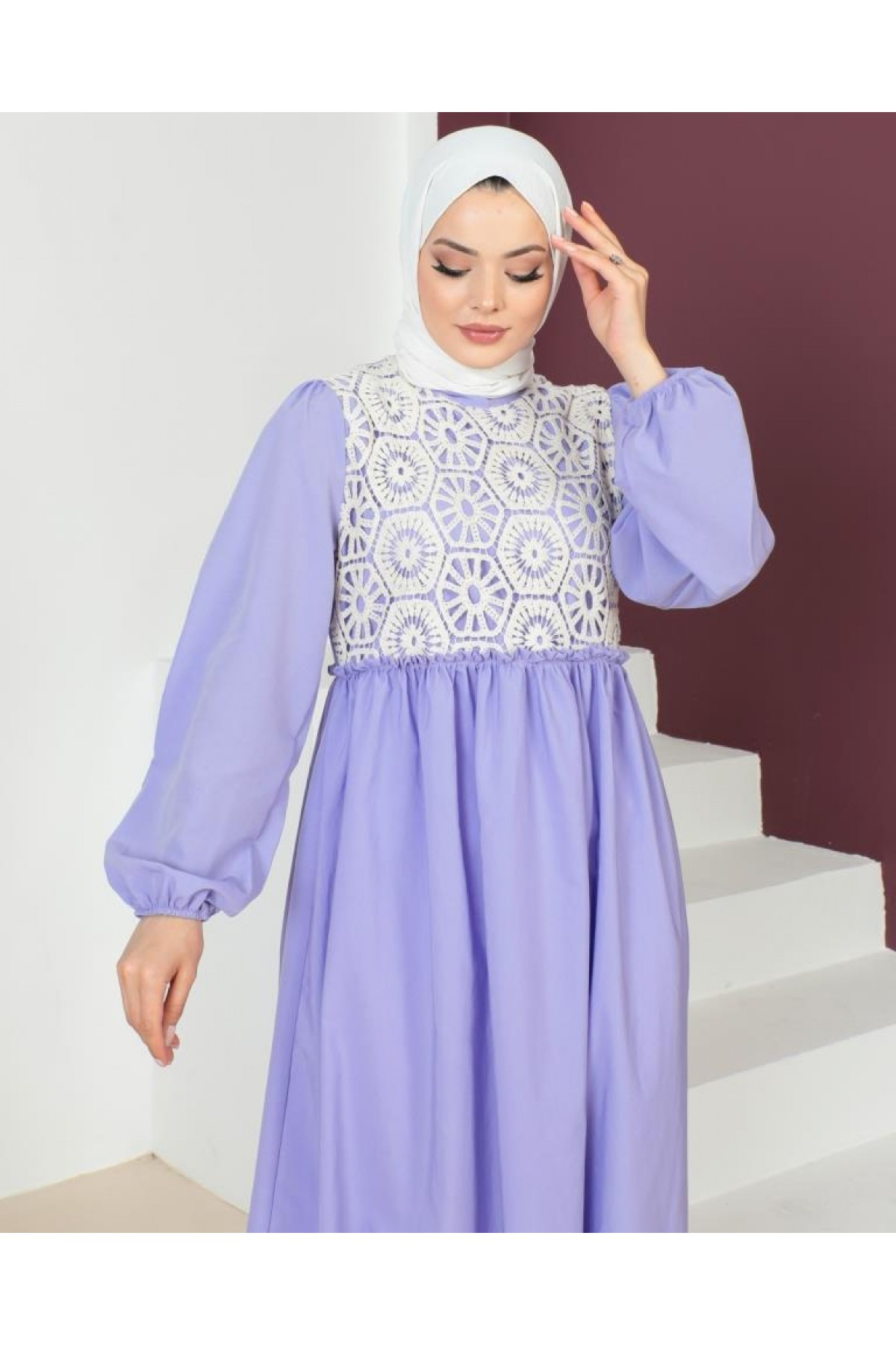 Dantel Detaylı Tesettür Elbise Lila 449 Dantel Detaylı Tesettür Elbise Lila 449