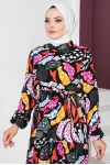 Desenli Viskon Tesettür Elbise Siyah 8158 Desenli Viskon Tesettür Elbise Siyah 8158