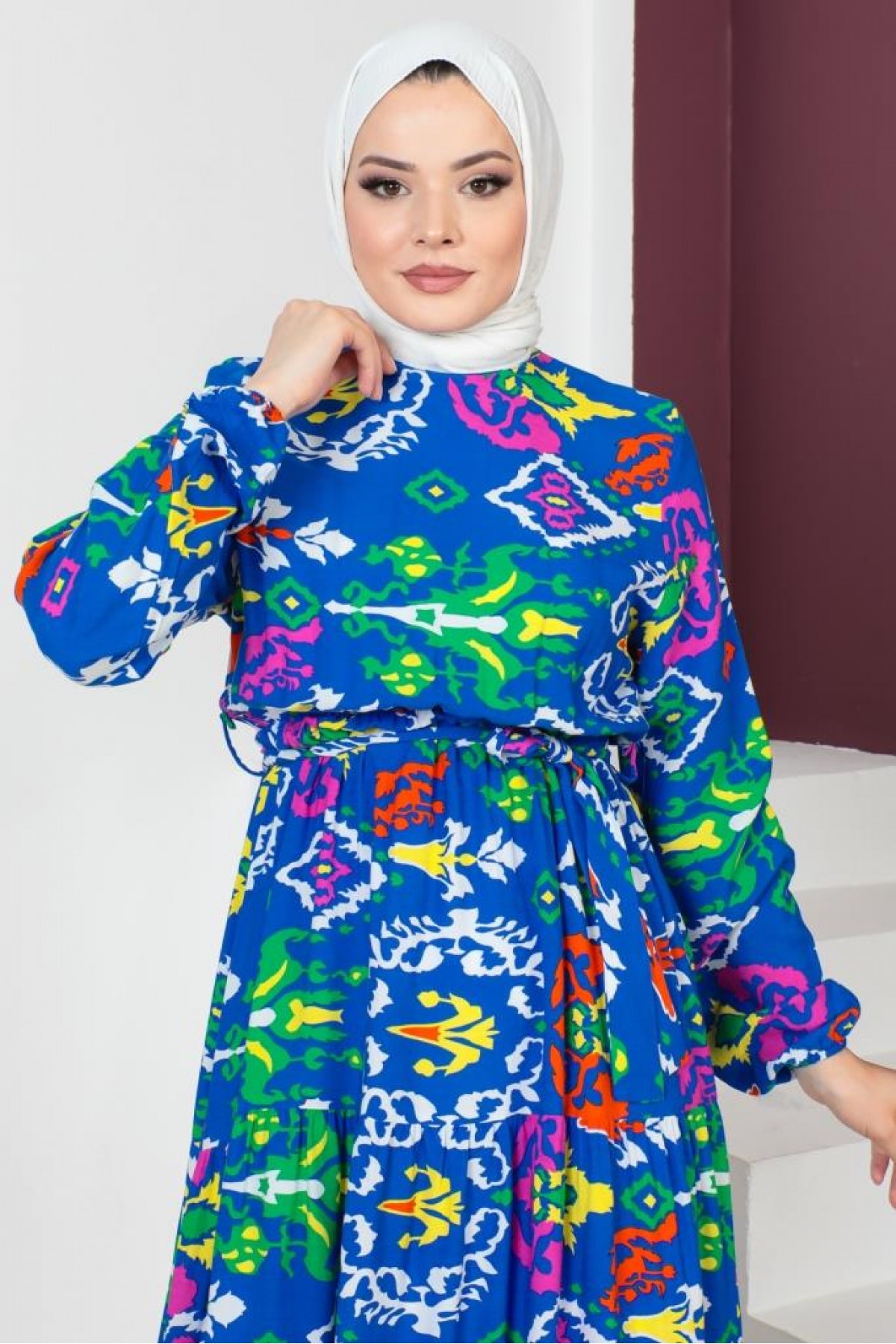  Desenli Viskon Tesettür Elbise Saks Mavisi 8160