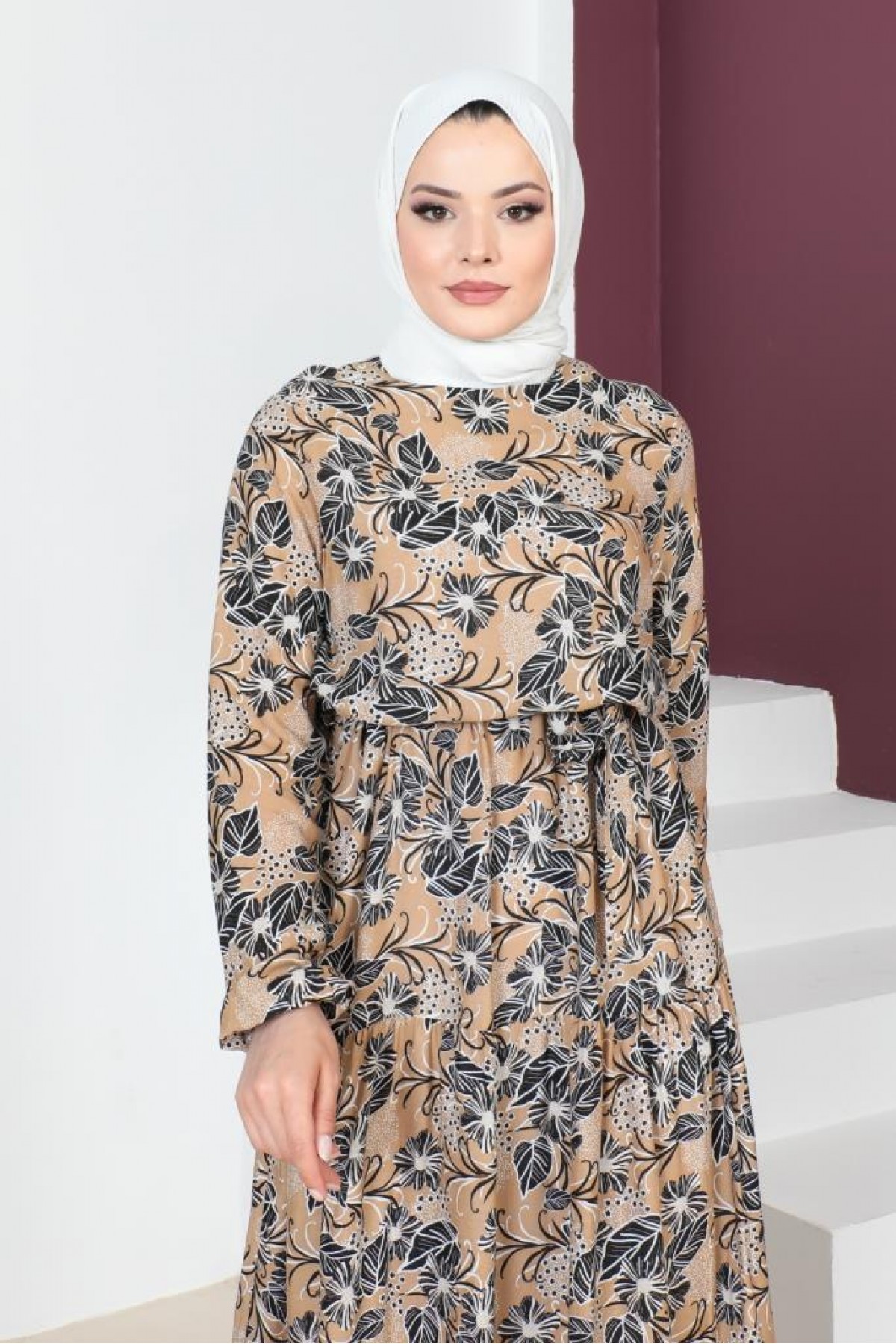 Desenli Viskon Tesettür Elbise Bej 8161 Desenli Viskon Tesettür Elbise Bej 8161