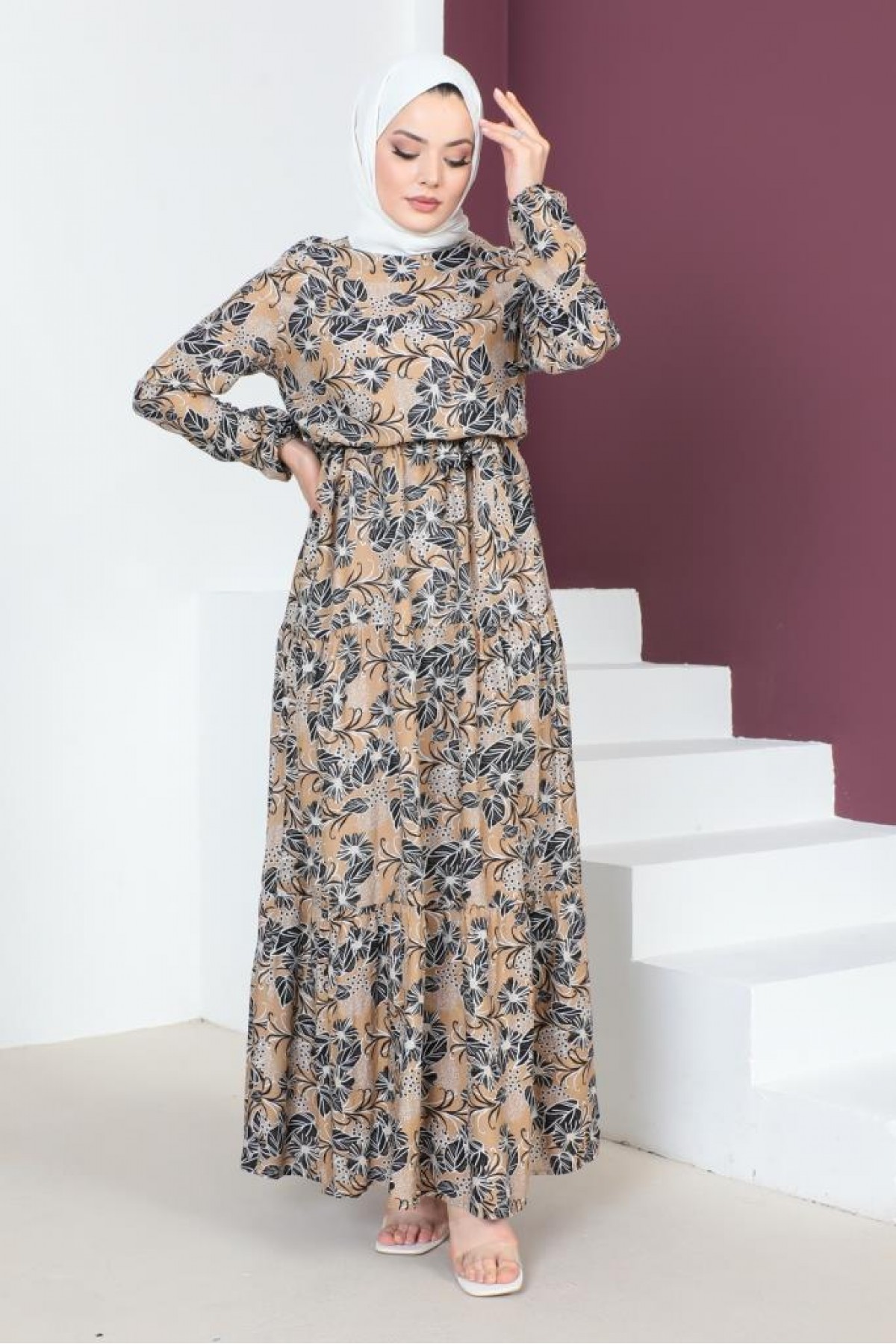 Desenli Viskon Tesettür Elbise Bej 8161 Desenli Viskon Tesettür Elbise Bej 8161