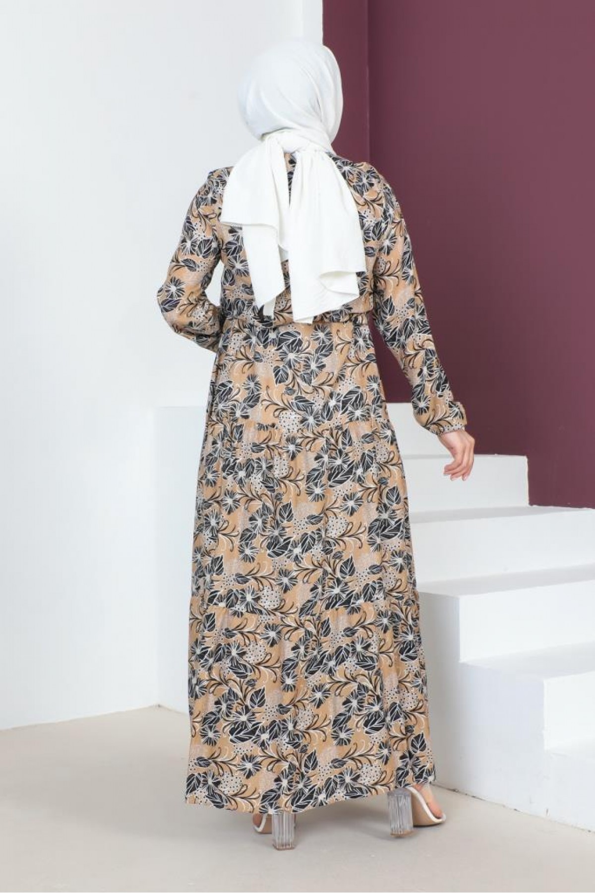 Desenli Viskon Tesettür Elbise Bej 8161 Desenli Viskon Tesettür Elbise Bej 8161