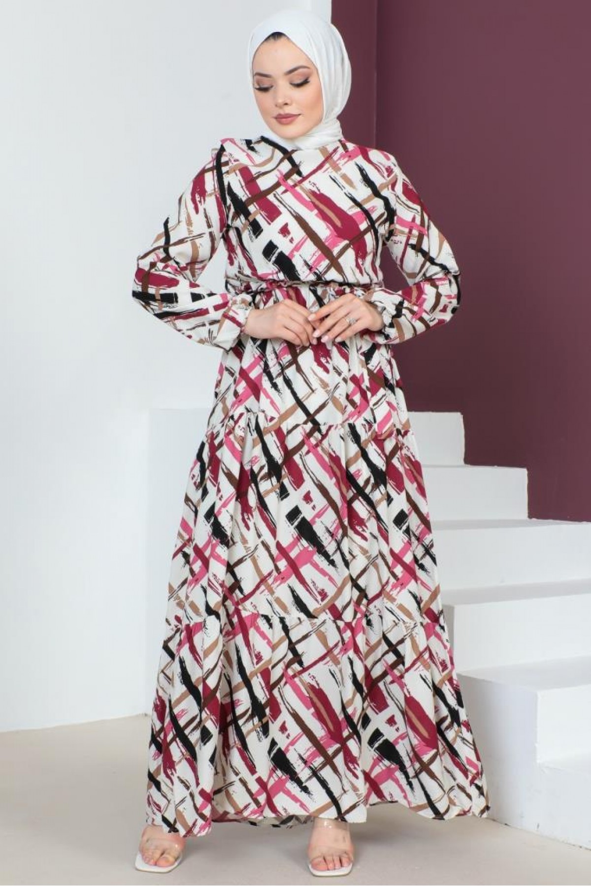 Desenli Viskon Tesettür Elbise Pembe 8162 Desenli Viskon Tesettür Elbise Pembe 8162