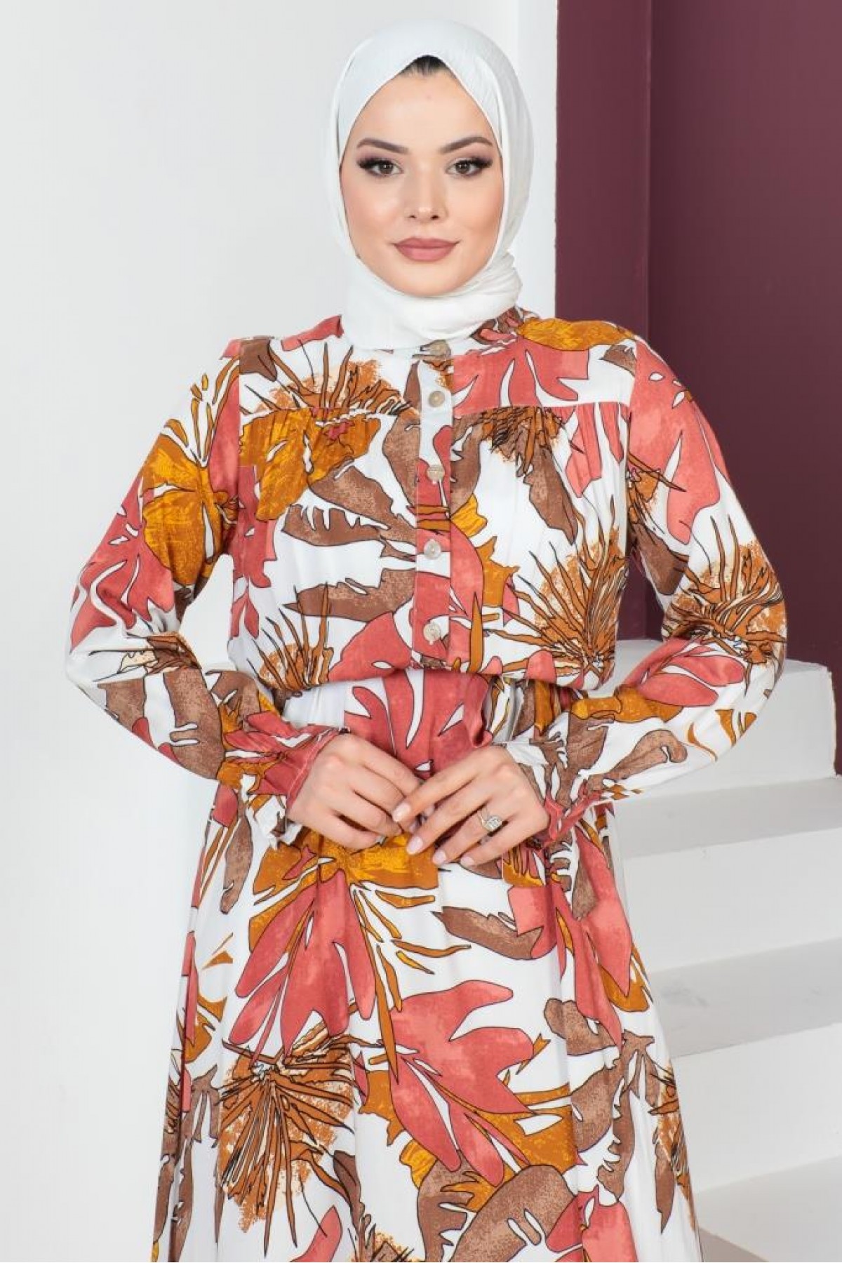 Desenli Robalı Viskon Tesettür Elbise Somon 8164 Desenli Robalı Viskon Tesettür Elbise Somon 8164