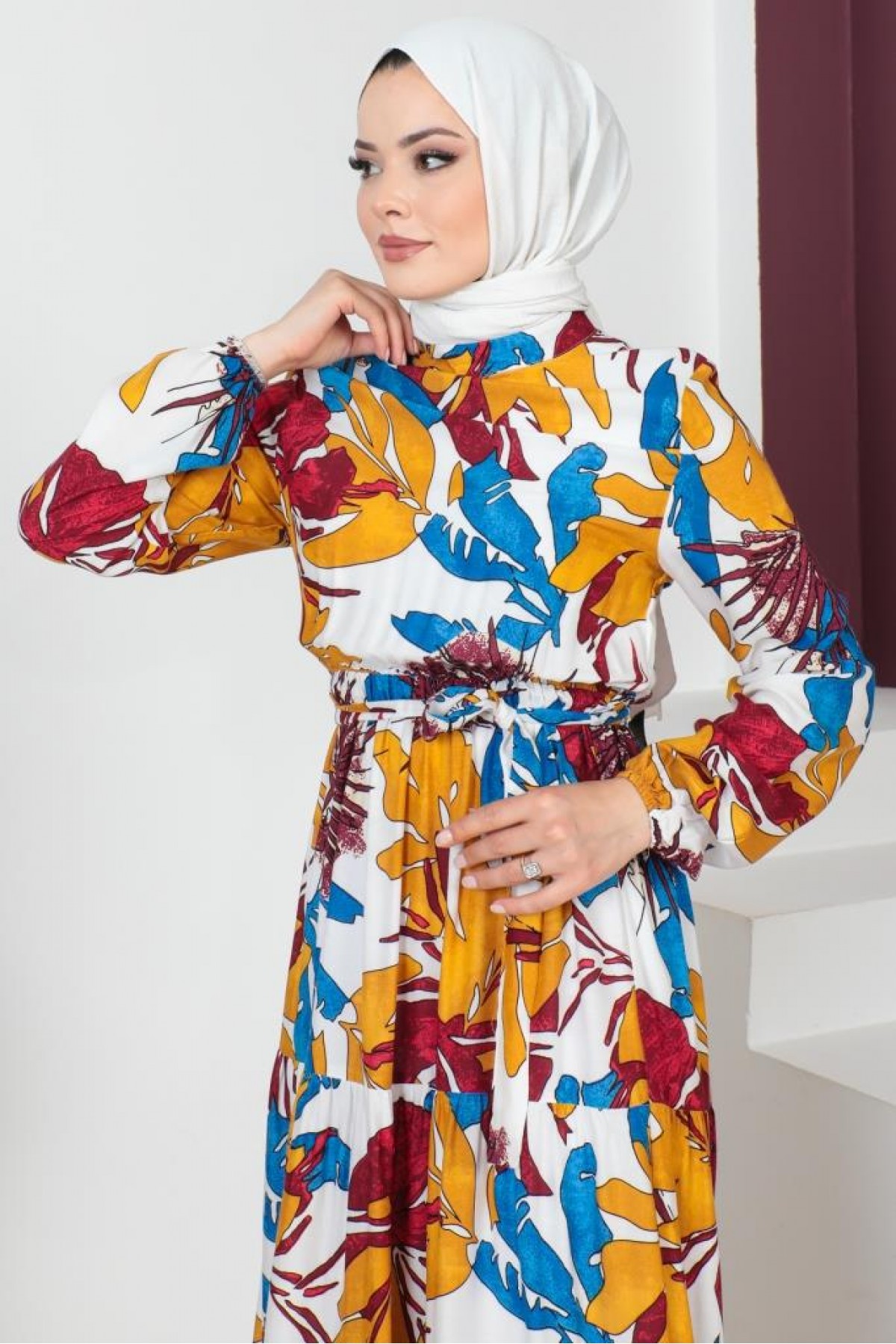  Desenli Viskon Tesettür Elbise Mavi 8165