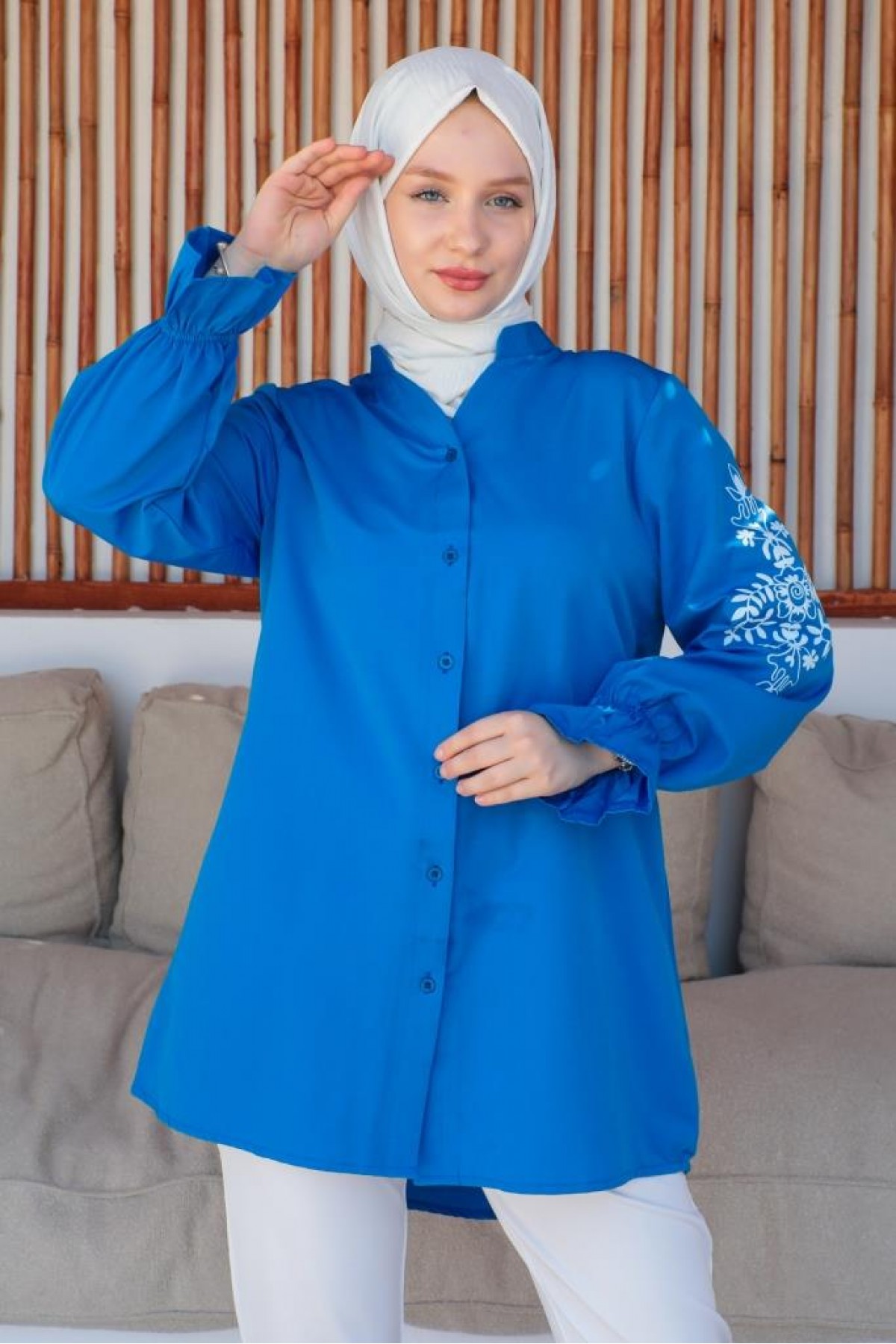  Kolları Baskılı Gömlek Saks Mavisi 61457