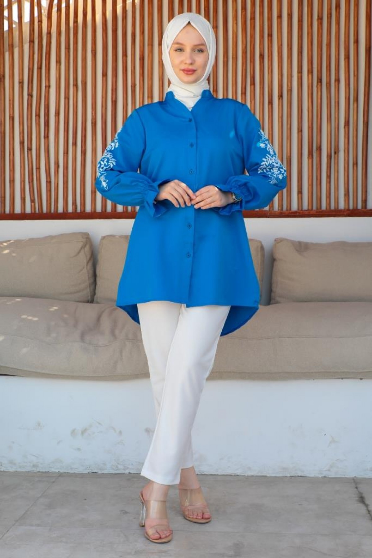  Kolları Baskılı Gömlek Saks Mavisi 61457