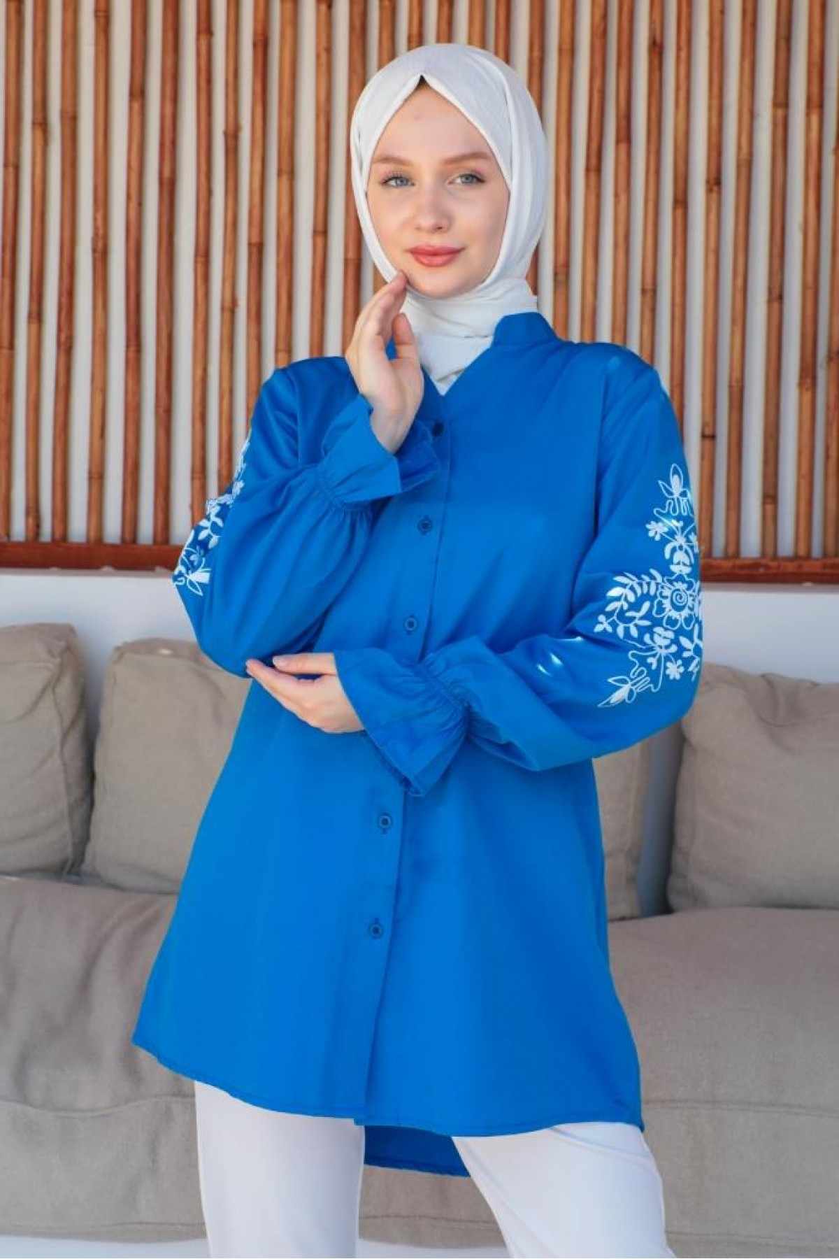  Kolları Baskılı Gömlek Saks Mavisi 61457