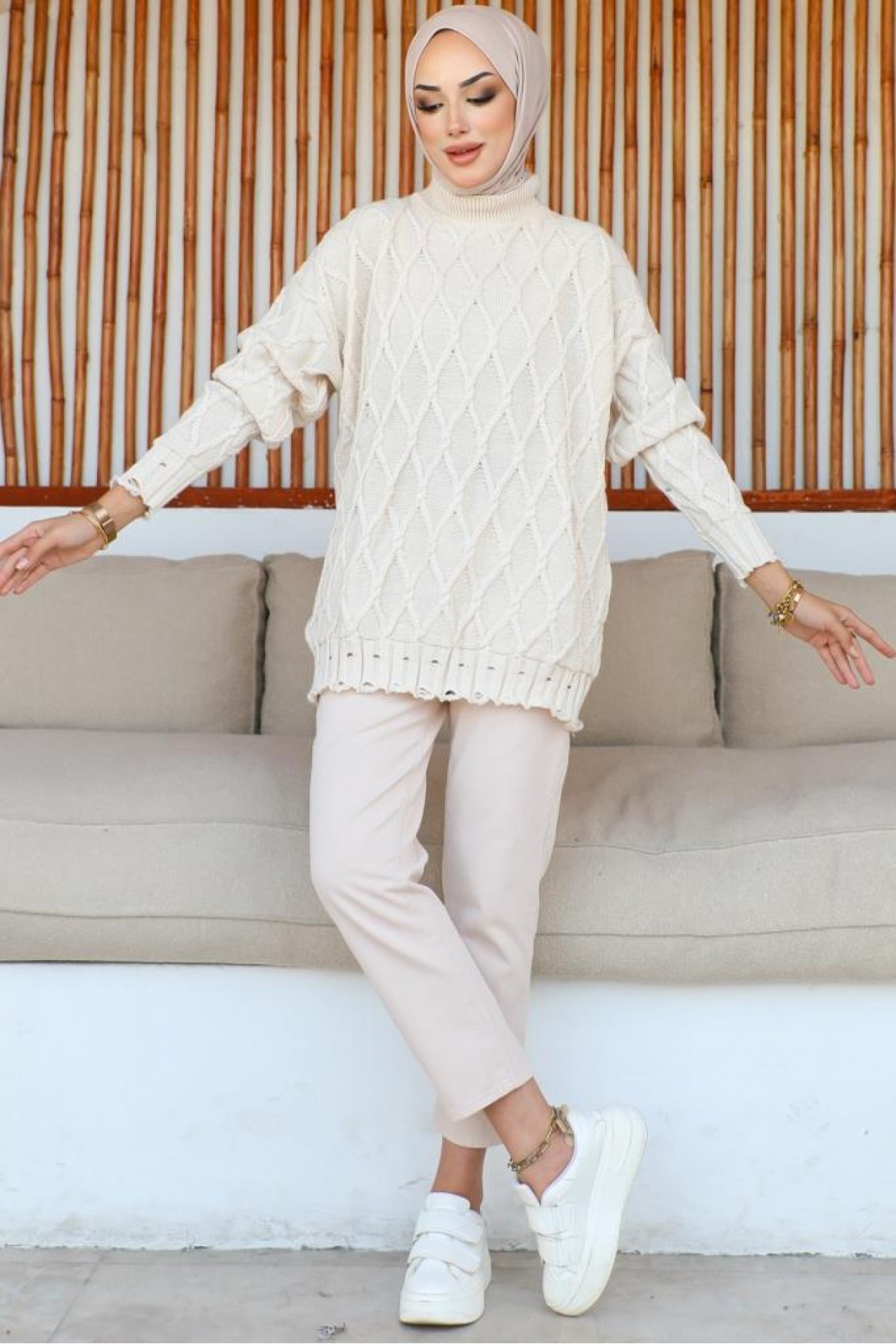 Baklava Desenli Triko Tunik Taş Rengi 368 Baklava Desenli Triko Tunik Taş Rengi 368