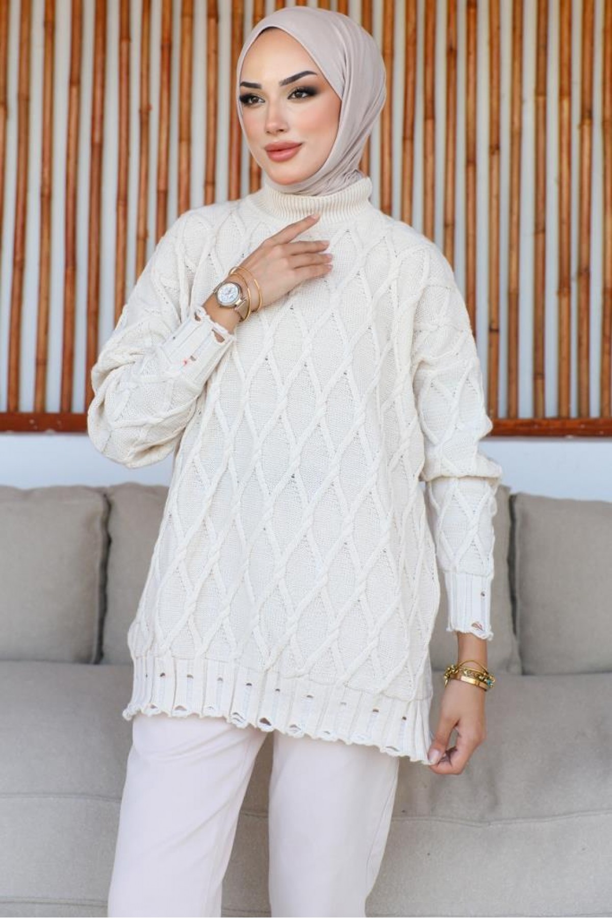 Baklava Desenli Triko Tunik Taş Rengi 368 Baklava Desenli Triko Tunik Taş Rengi 368