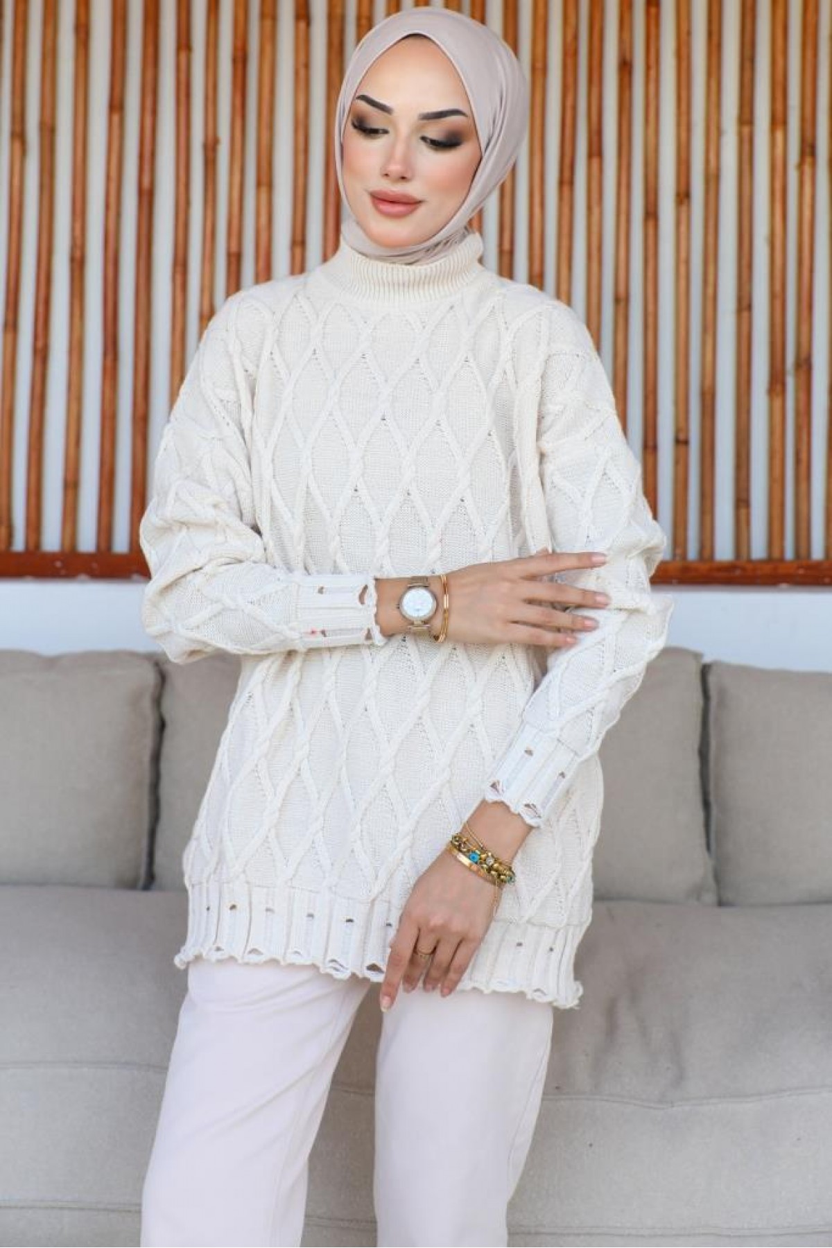 Baklava Desenli Triko Tunik Taş Rengi 368 Baklava Desenli Triko Tunik Taş Rengi 368