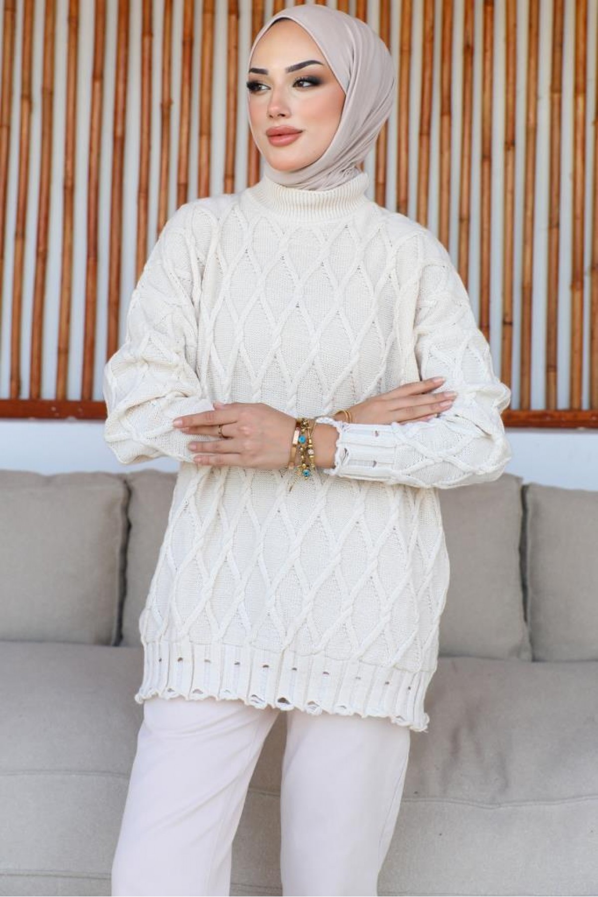 Baklava Desenli Triko Tunik Taş Rengi 368 Baklava Desenli Triko Tunik Taş Rengi 368