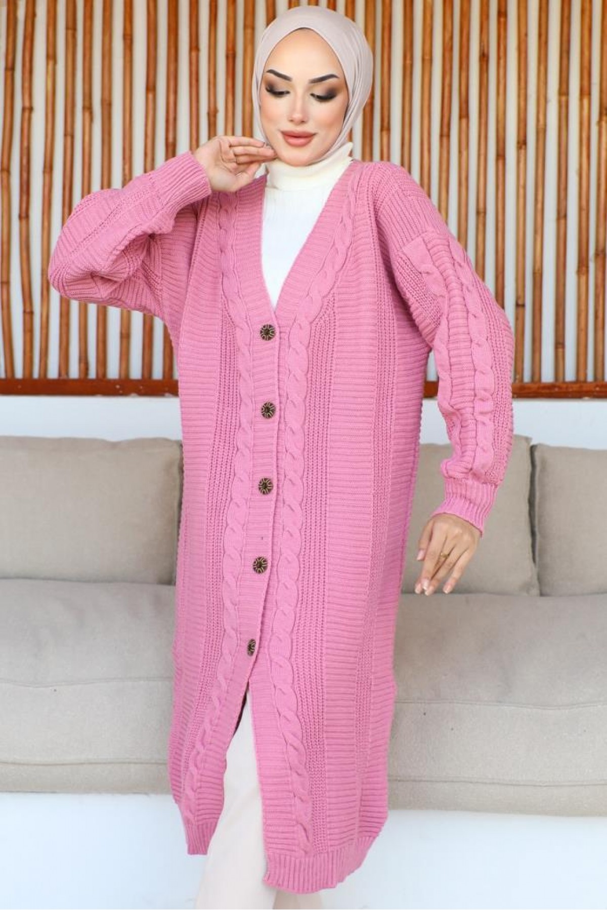 Düğmeli Uzun Triko Hırka Pembe 367 Düğmeli Uzun Triko Hırka Pembe 367