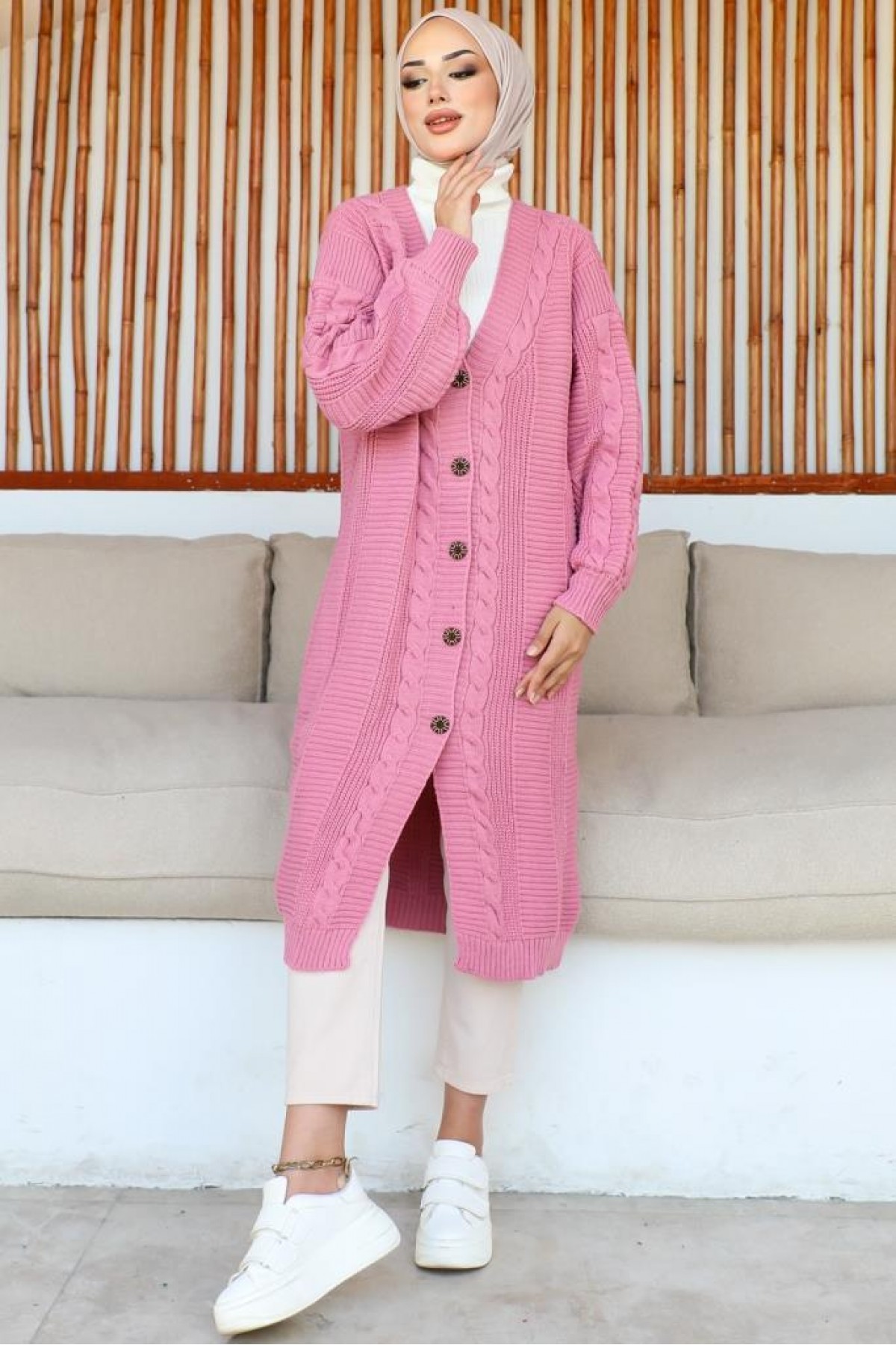 Düğmeli Uzun Triko Hırka Pembe 367 Düğmeli Uzun Triko Hırka Pembe 367