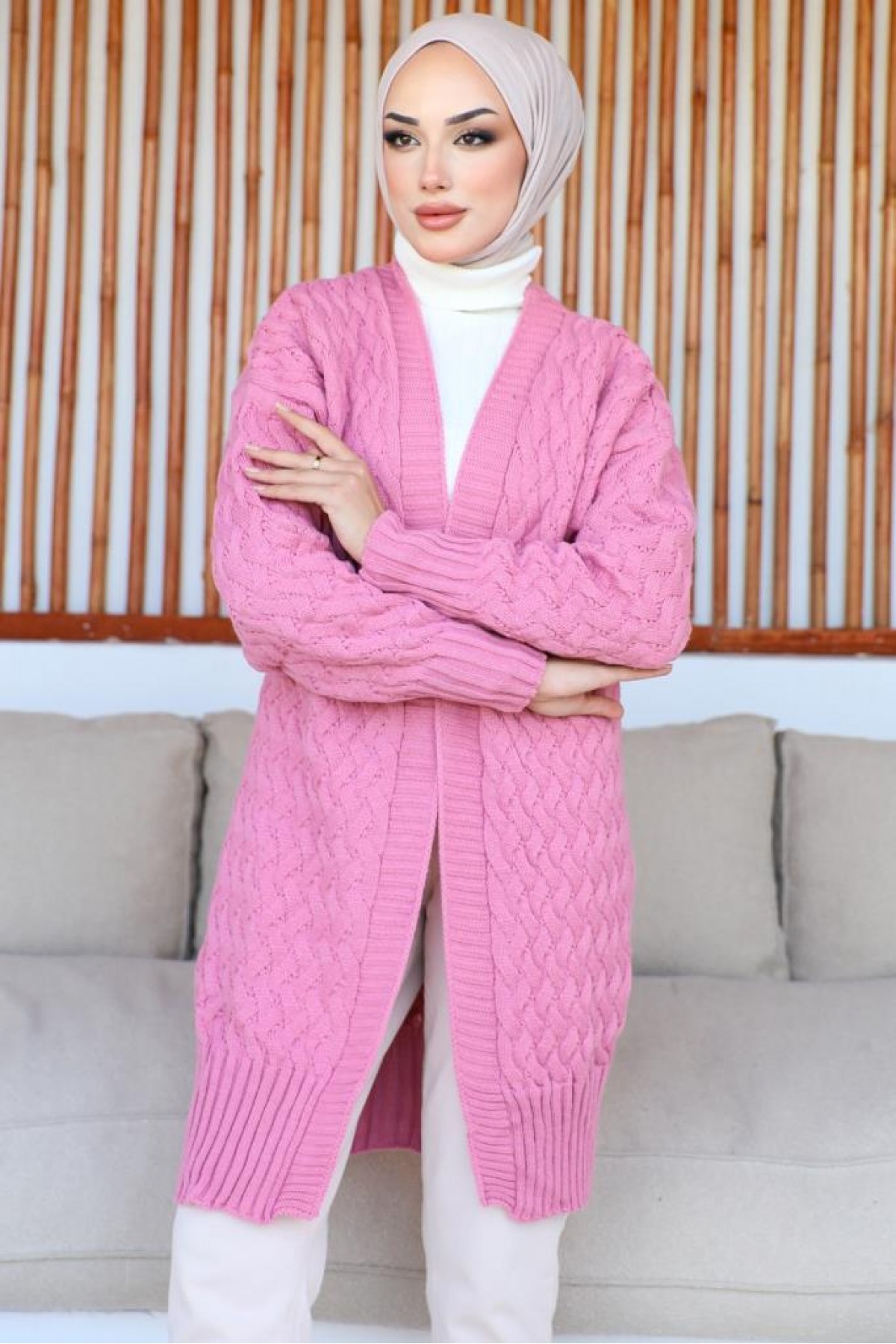 Desenli Triko Hırka Pembe 370 Desenli Triko Hırka Pembe 370