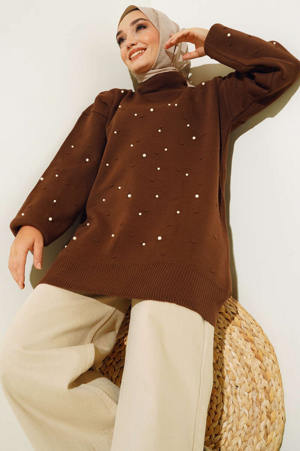 İnci Detalı Triko Tunik Kahverengi 5033 İnci Detalı Triko Tunik Kahverengi 5033
