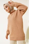  İnci Detalı Triko Tunik Vizon 5033