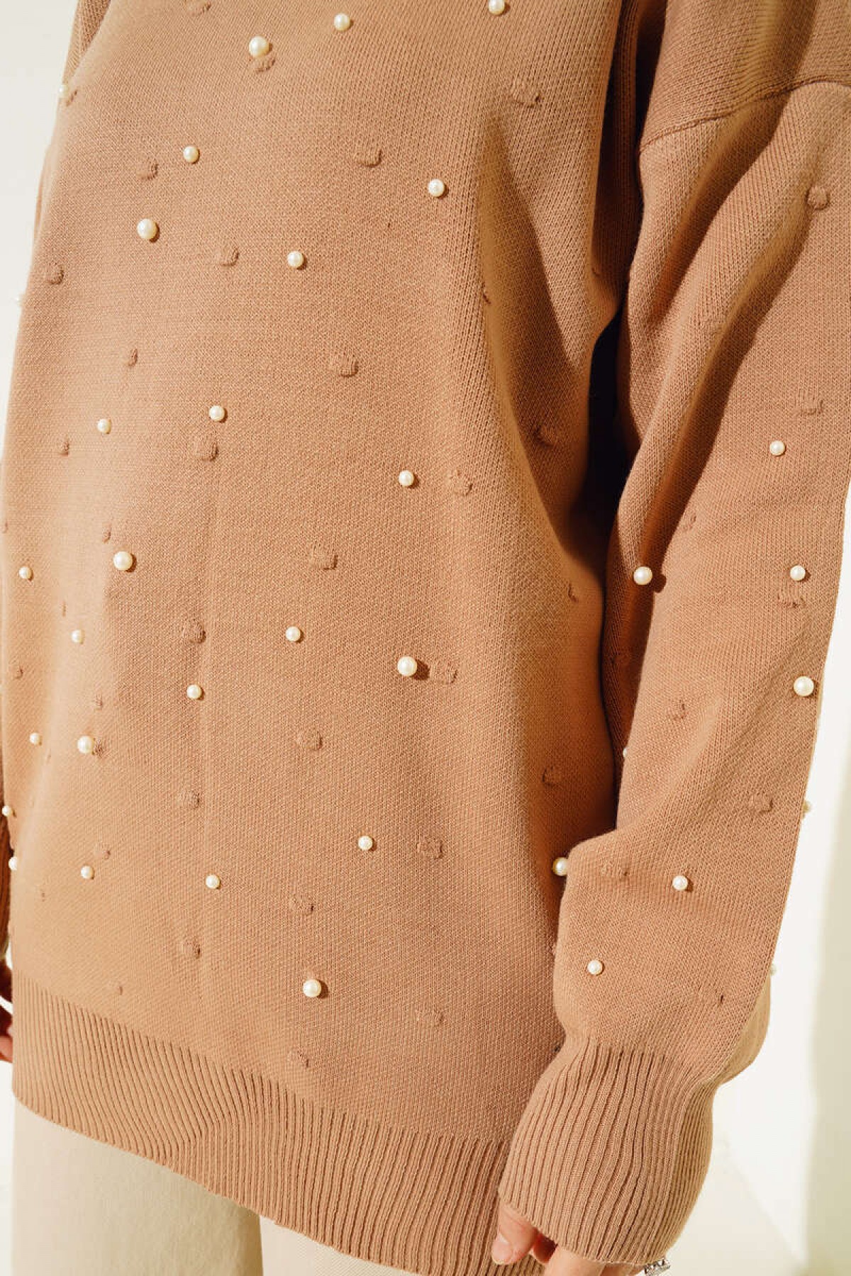  İnci Detalı Triko Tunik Vizon 5033