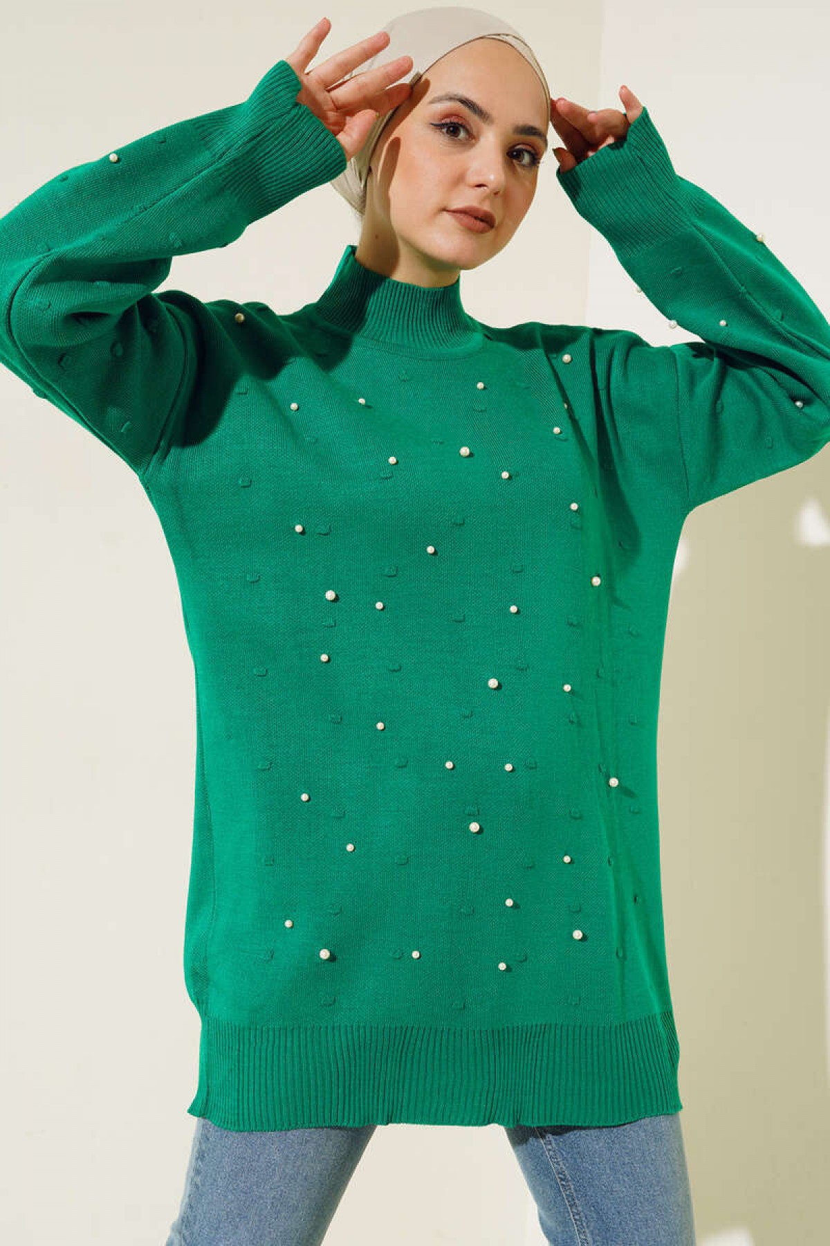  İnci Detalı Triko Tunik Yeşil 5033