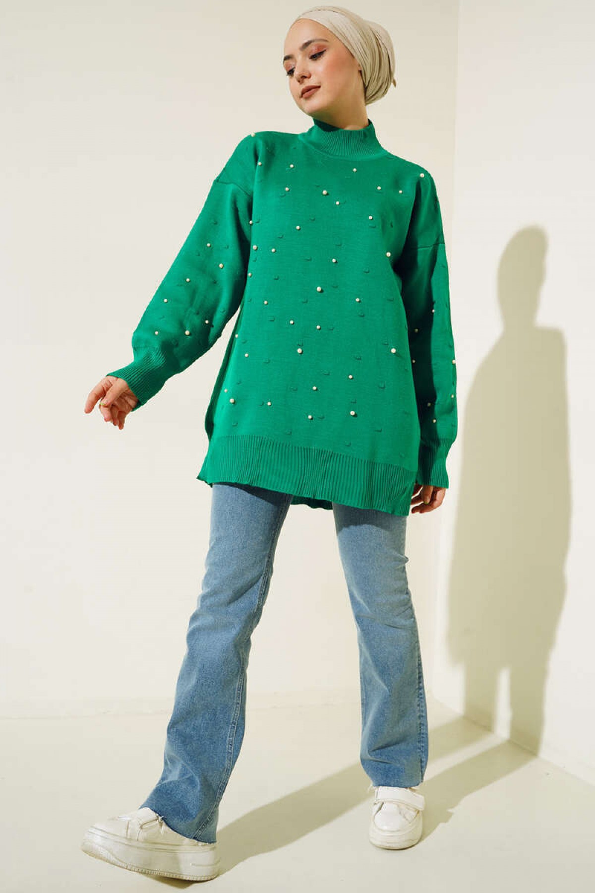  İnci Detalı Triko Tunik Yeşil 5033