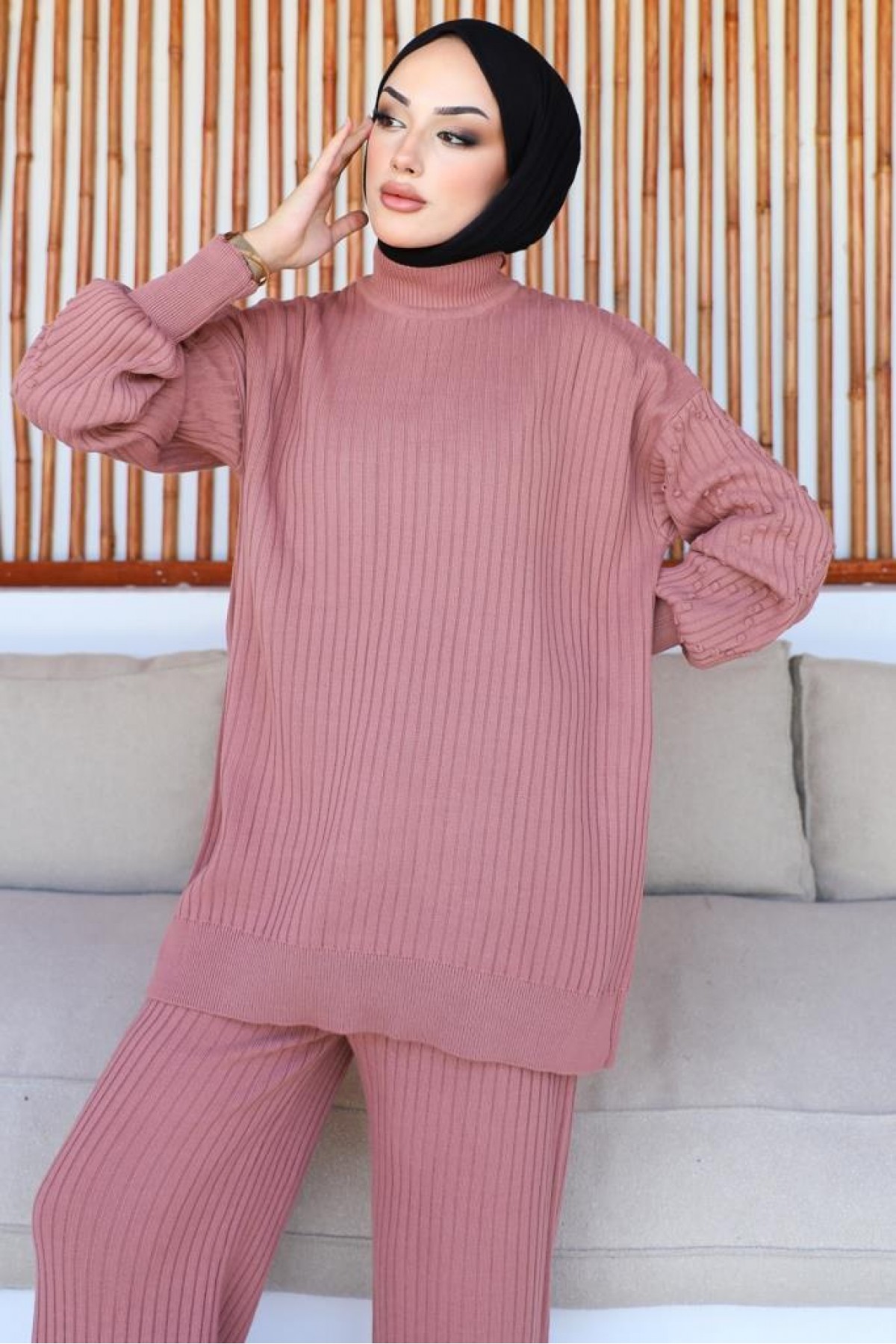 Fitilli Triko Takım Gül Kurusu 6118 Fitilli Triko Takım Gül Kurusu 6118