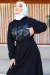 Deri İnci Detaylı İki İplik Elbise Siyah 1356 Deri İnci Detaylı İki İplik Elbise Siyah 1356