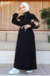Kolları Deri Şerit Detaylı İki İplik Elbise Siyah 1407 Kolları Deri Şerit Detaylı İki İplik Elbise Siyah 1407