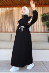 Kolları Deri Şerit Detaylı İki İplik Elbise Siyah 1407 Kolları Deri Şerit Detaylı İki İplik Elbise Siyah 1407