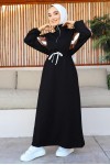 Kolları Deri Şerit Detaylı İki İplik Elbise Siyah 1407 Kolları Deri Şerit Detaylı İki İplik Elbise Siyah 1407