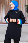 Kolye Detaylı Kolları Desenli Triko İkili Takım Siyah 11011-90 Kolye Detaylı Kolları Desenli Triko İkili Takım Siyah 11011-90