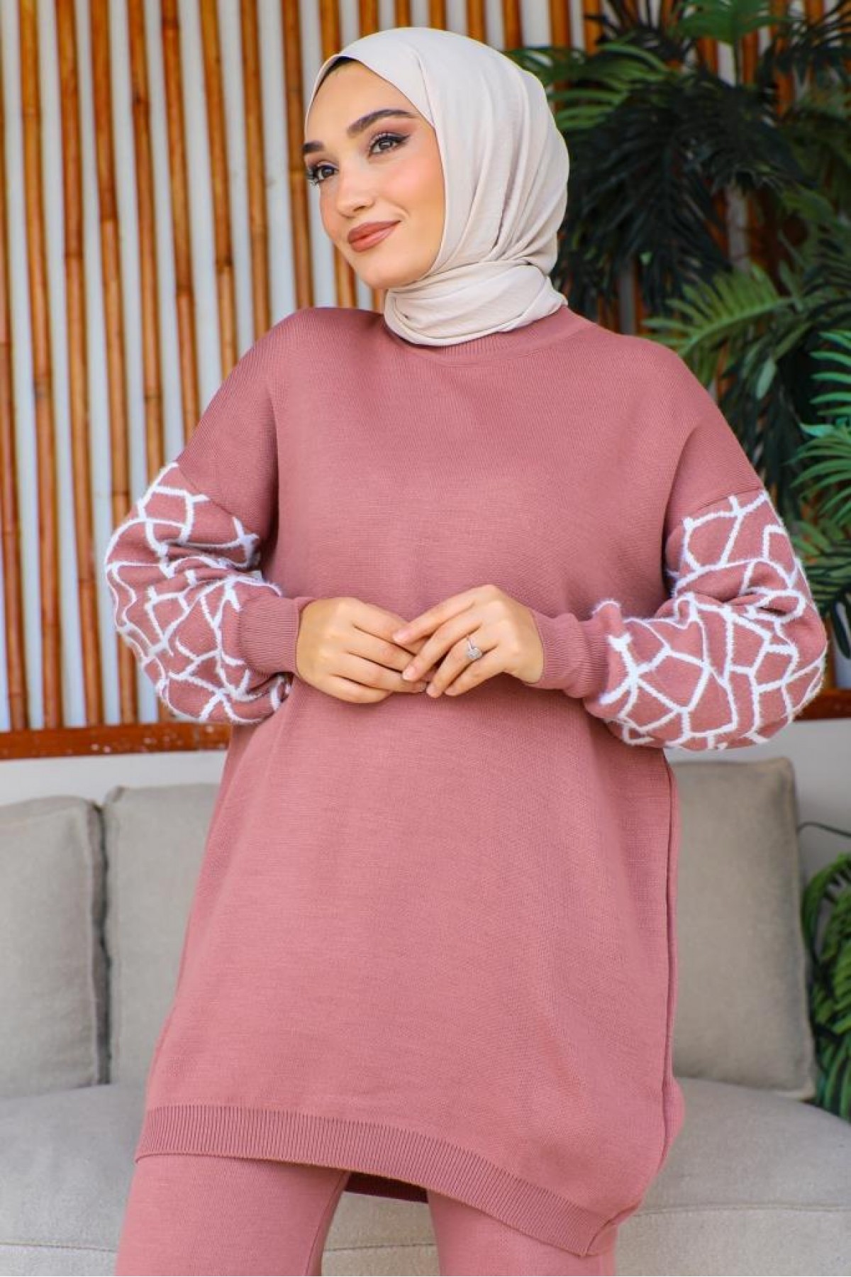  Kolları Çizgi Desenli Triko Takım Gül Kurusu 11018-05