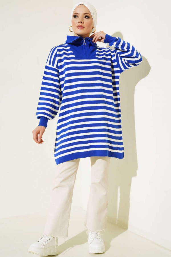 Yakası Fermuarlı Çizgili Triko Tunik Saks Mavisi 11020-03 Yakası Fermuarlı Çizgili Triko Tunik Saks Mavisi 11020-03