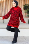 Yakası Fermuarlı Desenli Triko Tunik Kırmızı 11021-04 Yakası Fermuarlı Desenli Triko Tunik Kırmızı 11021-04