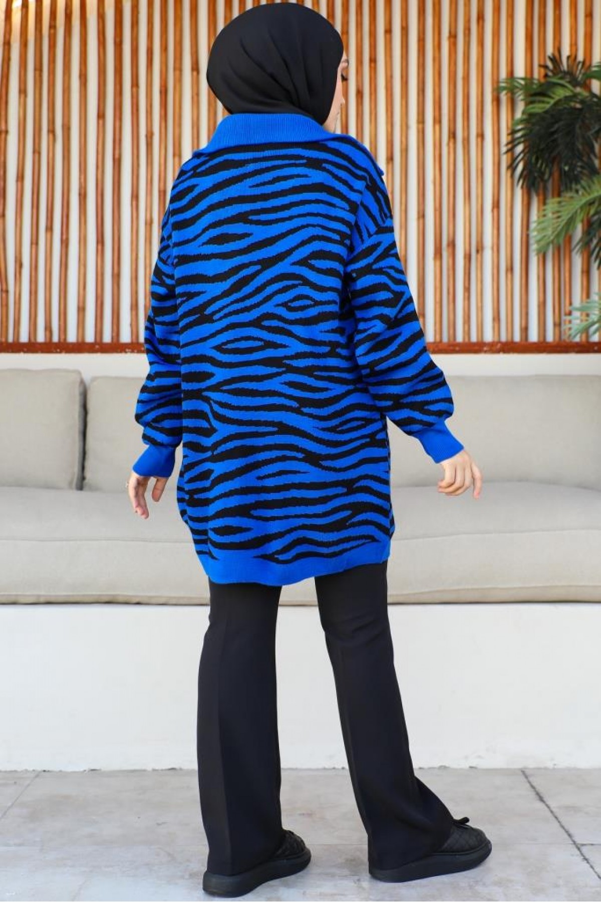 Yakası Fermuarlı Desenli Triko Tunik Saks Mavisi 11021-04 Yakası Fermuarlı Desenli Triko Tunik Saks Mavisi 11021-04