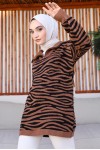 Yakası Fermuarlı Desenli Triko Tunik Taba 11021-04 Yakası Fermuarlı Desenli Triko Tunik Taba 11021-04