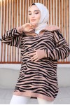  Yakası Fermuarlı Desenli Triko Tunik Vizon 11021-04