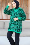  Yakası Fermuarlı Desenli Triko Tunik Yeşil 11021-04