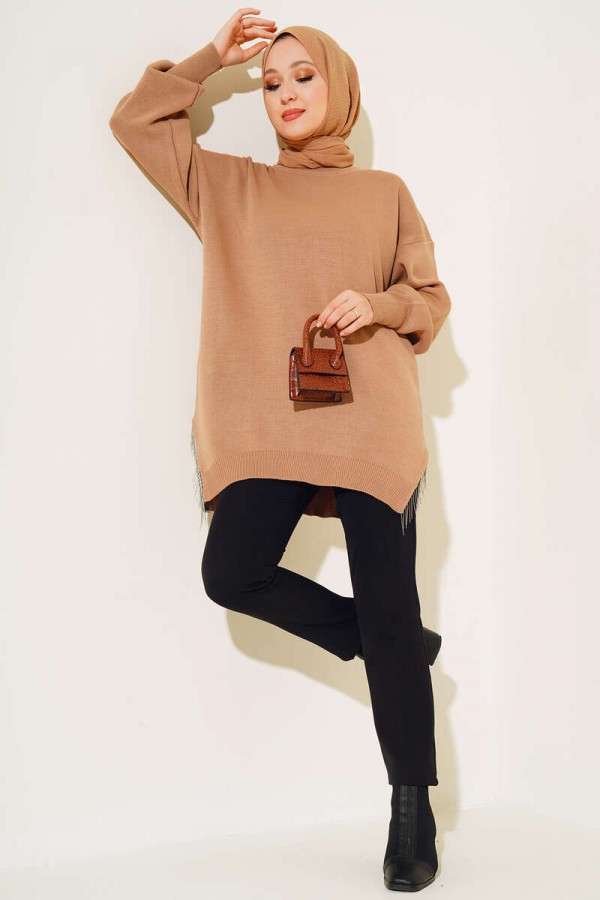  Yırtmacı Zincir Püsküllü Triko Tunik Camel 3009