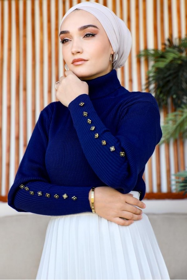  Kolları Düğmeli Balıkçı Yaka Bady Lacivert 5001