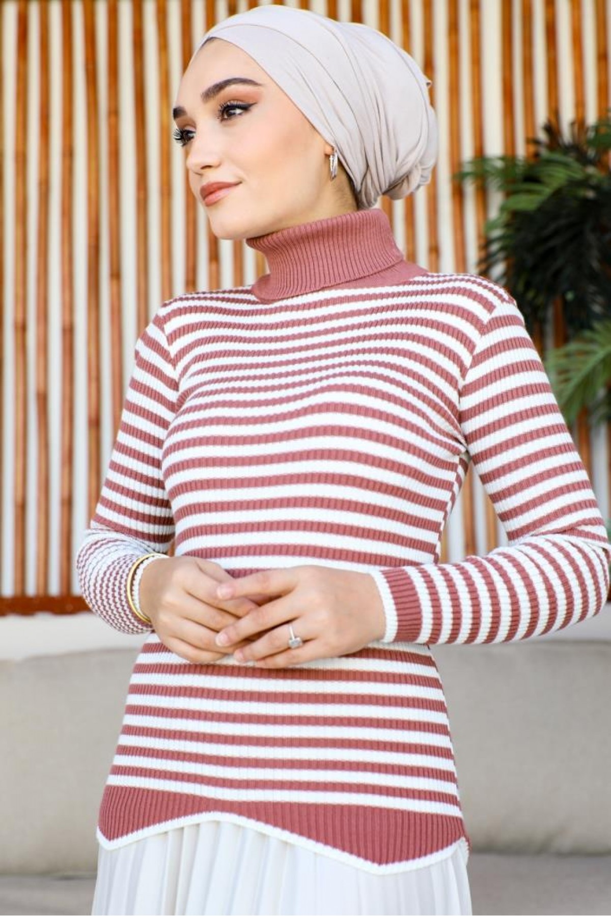  Çizgili Triko Bady Gül Kurusu 5087