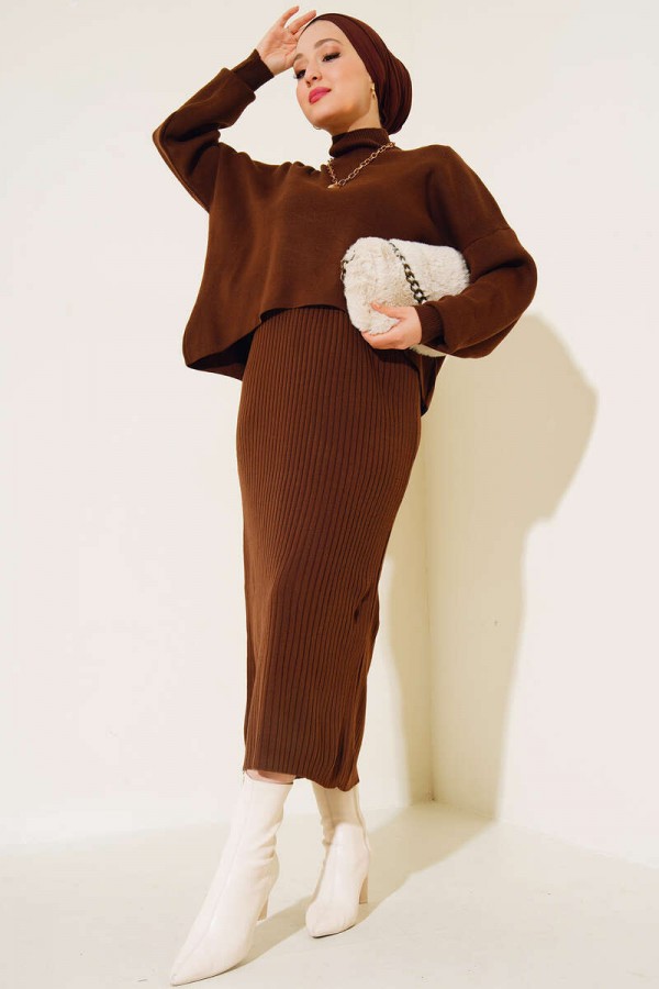  Balıkçı Yaka Kazak Jile Triko İkili Takım Kahverengi 5104