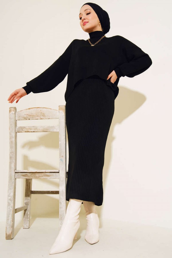  Balıkçı Yaka Kazak Jile Triko İkili Takım Siyah 5104