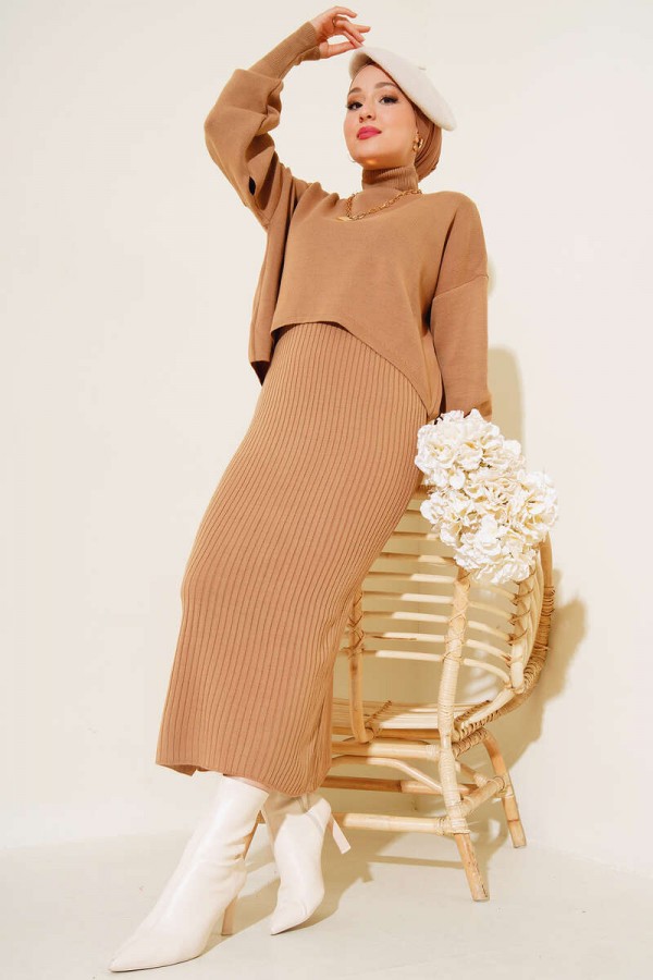  Balıkçı Yaka Kazak Jile Triko İkili Takım Vizon 5104