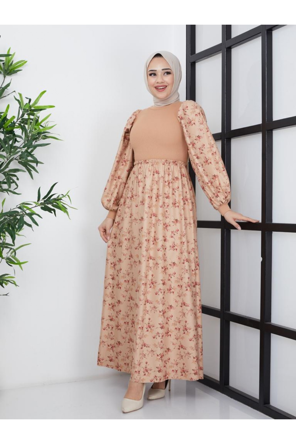 Bürümcük Baskılı Elbise Bej 4665 Bürümcük Baskılı Elbise Bej 4665