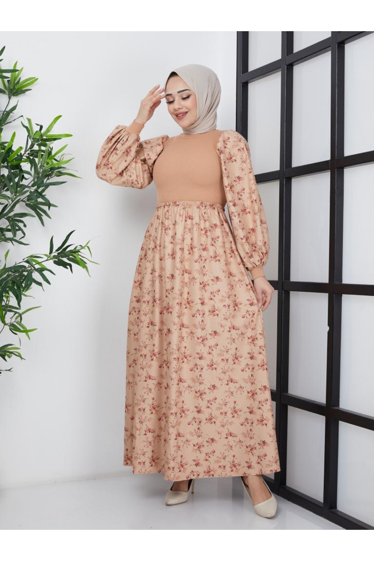 Bürümcük Baskılı Elbise Bej 4665 Bürümcük Baskılı Elbise Bej 4665