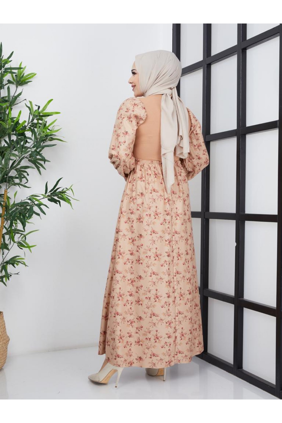 Bürümcük Baskılı Elbise Bej 4665 Bürümcük Baskılı Elbise Bej 4665