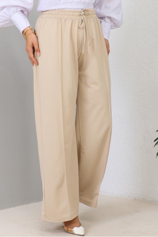  Belli Lastikli Rahat Kesim Salaş Pantalon Bej 3042-1