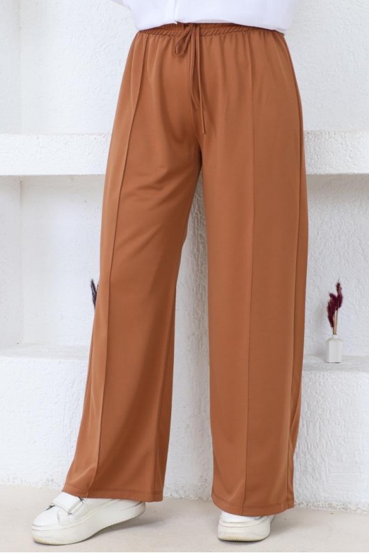  Belli Lastikli Rahat Kesim Salaş Pantalon Taba 3042-1